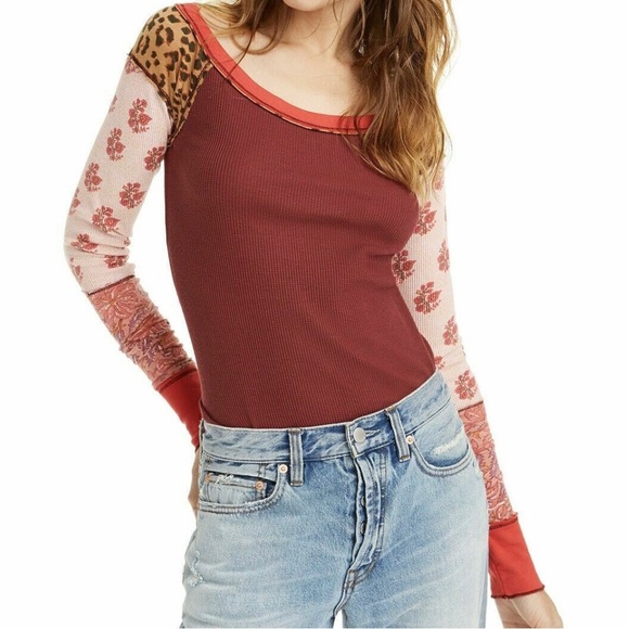 🚫SOLD🚫 Free People Bright Side Thermal in Burgundy with Leopard Floral Sleeves - Picture 3 of 11